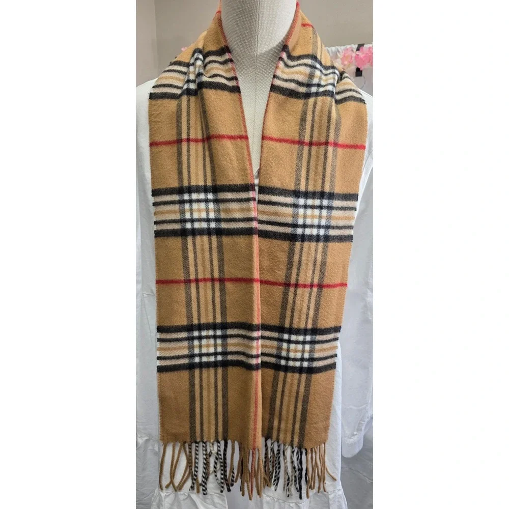 Nordstrom Cashmink Scarf Mens Tan Plaid Check Made in Germany Acrylic Fringe